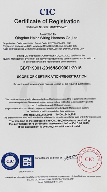 China Qingdao Hainr Wiring Harness Co., Ltd. Certificaciones